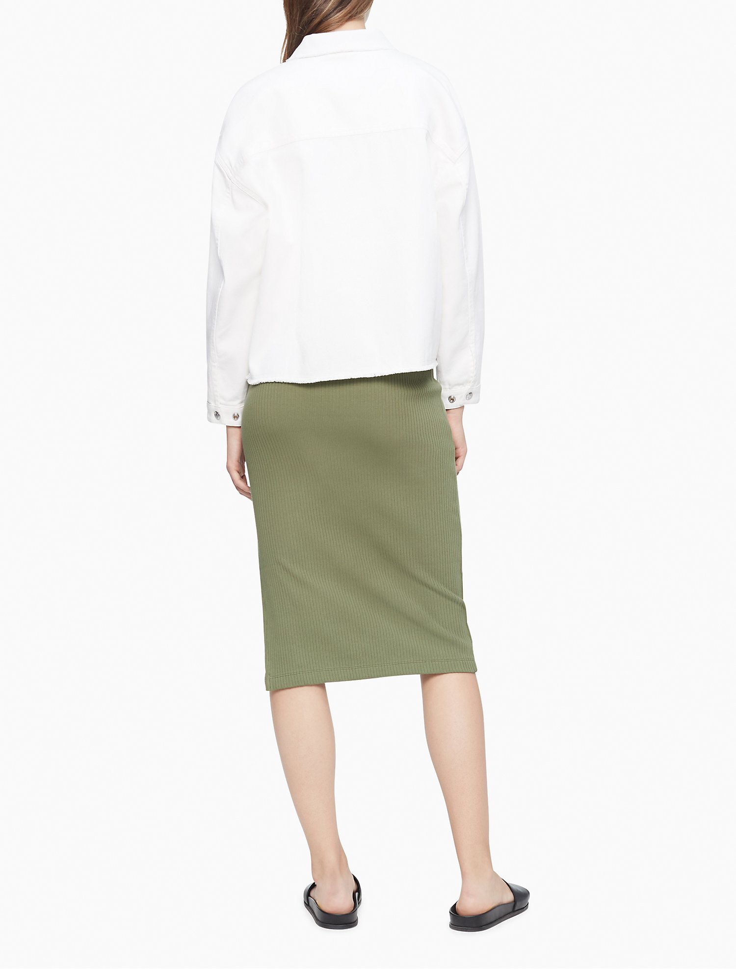 Solid Ribbed Logo Patch Midi Skirt