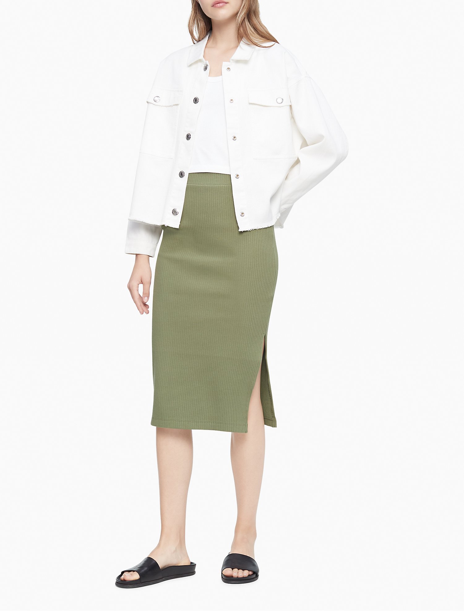 Solid Ribbed Logo Patch Midi Skirt