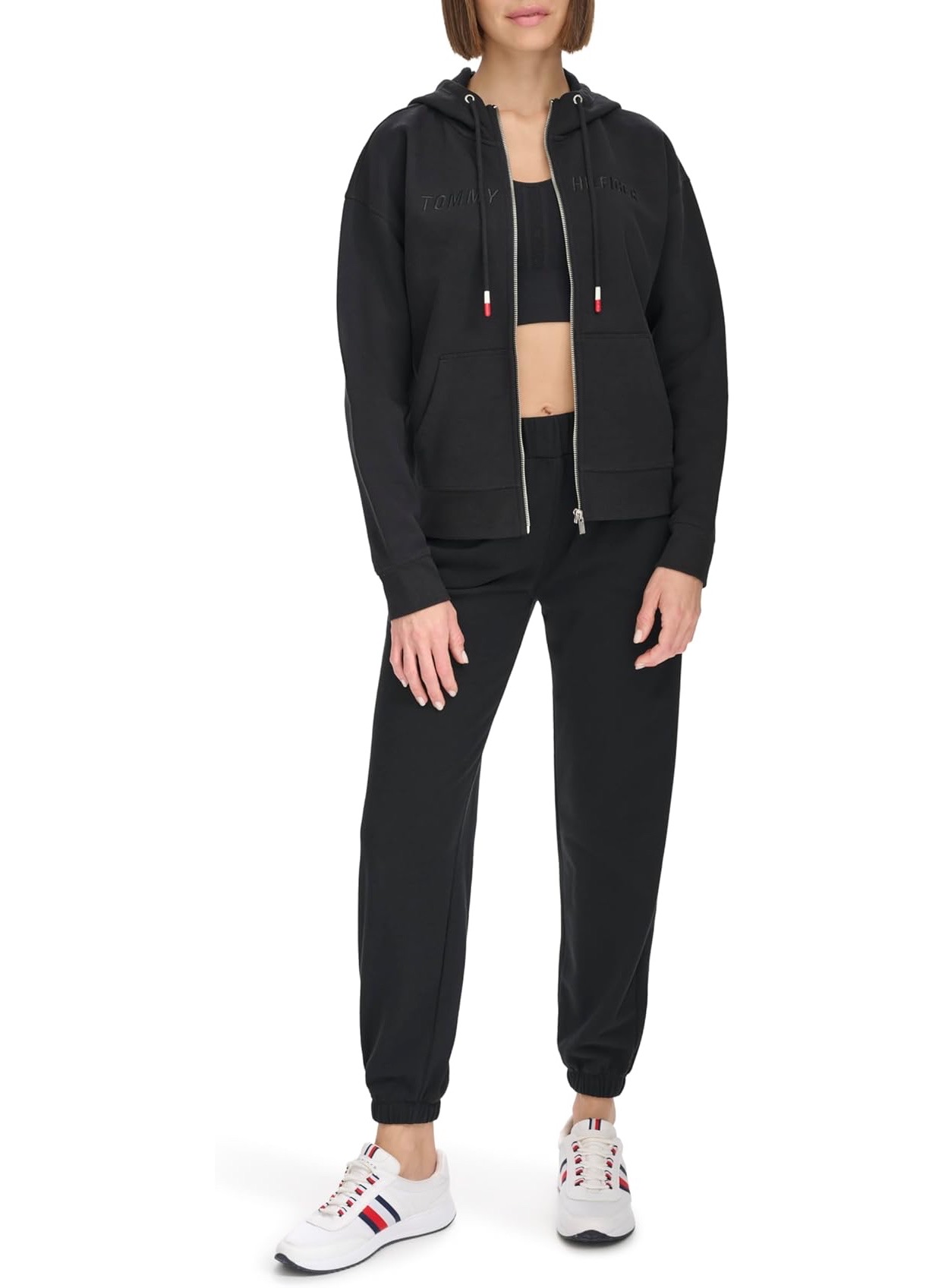 Logo Full Zip Pocketed Hoodie Sweatshirt & Embroidered Flag Elastic Waistband Fleece Jogger