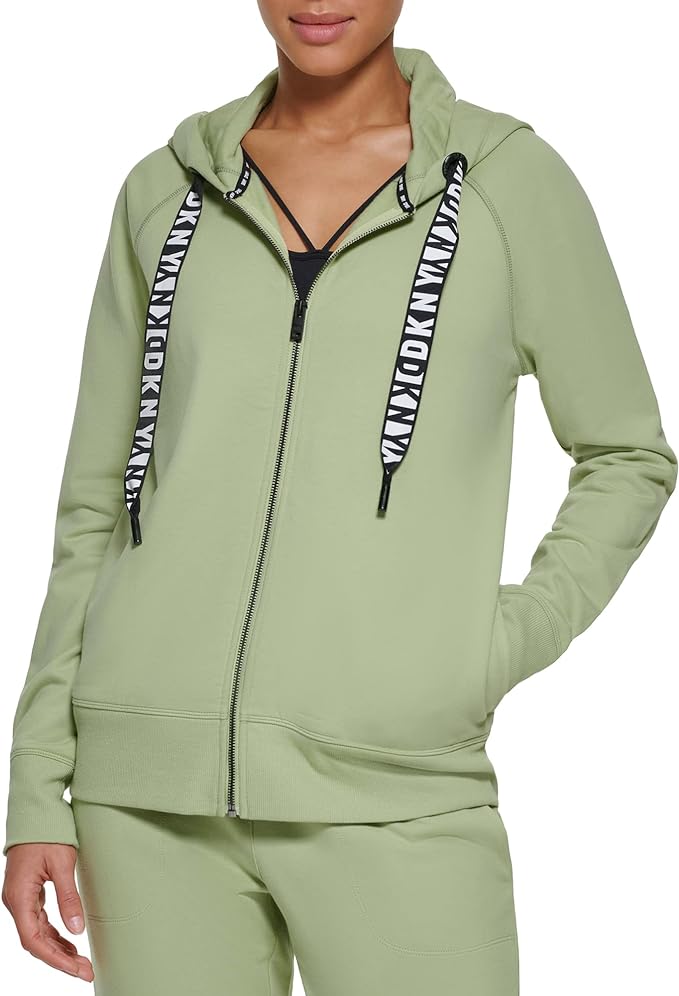 DKNY Logo Drawstring Zip Up Hoodie, Activewear Sweatshirt