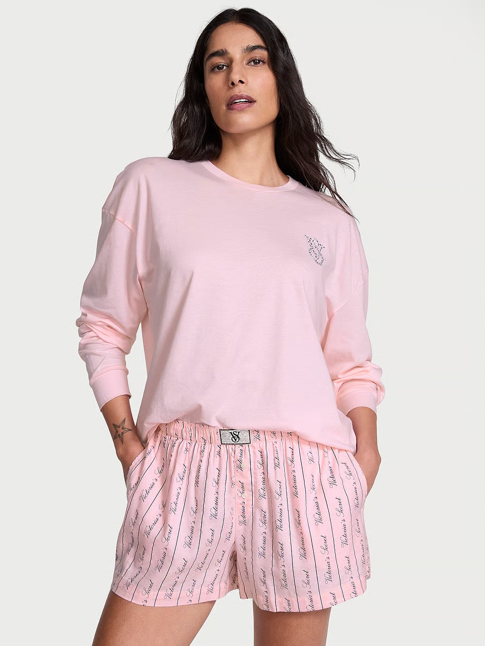 Flannel Long-Sleeve Short Tee-Jama Set