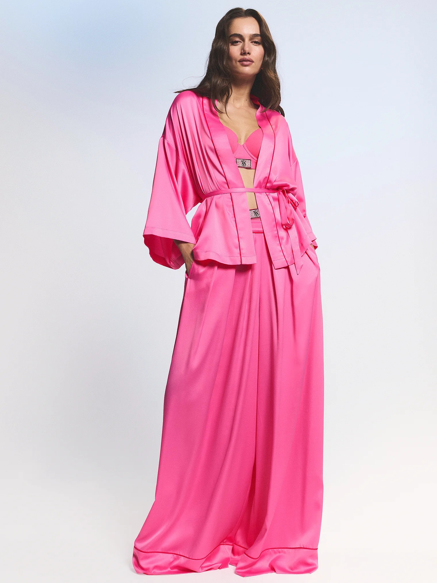 Signature Satin Mini Robe & Signature Satin Palazzo Sleep Pants