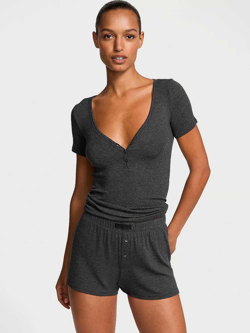 Ribbed Modal Short-Sleeve Henley & Boxer Shorts Set