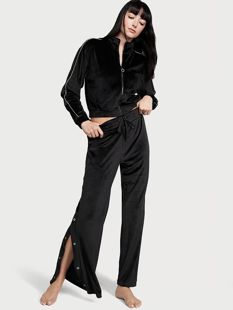 Velour Diamante Full-Zip Track Jacket & Velour Ribbed High-Rise Wide Leg Pants