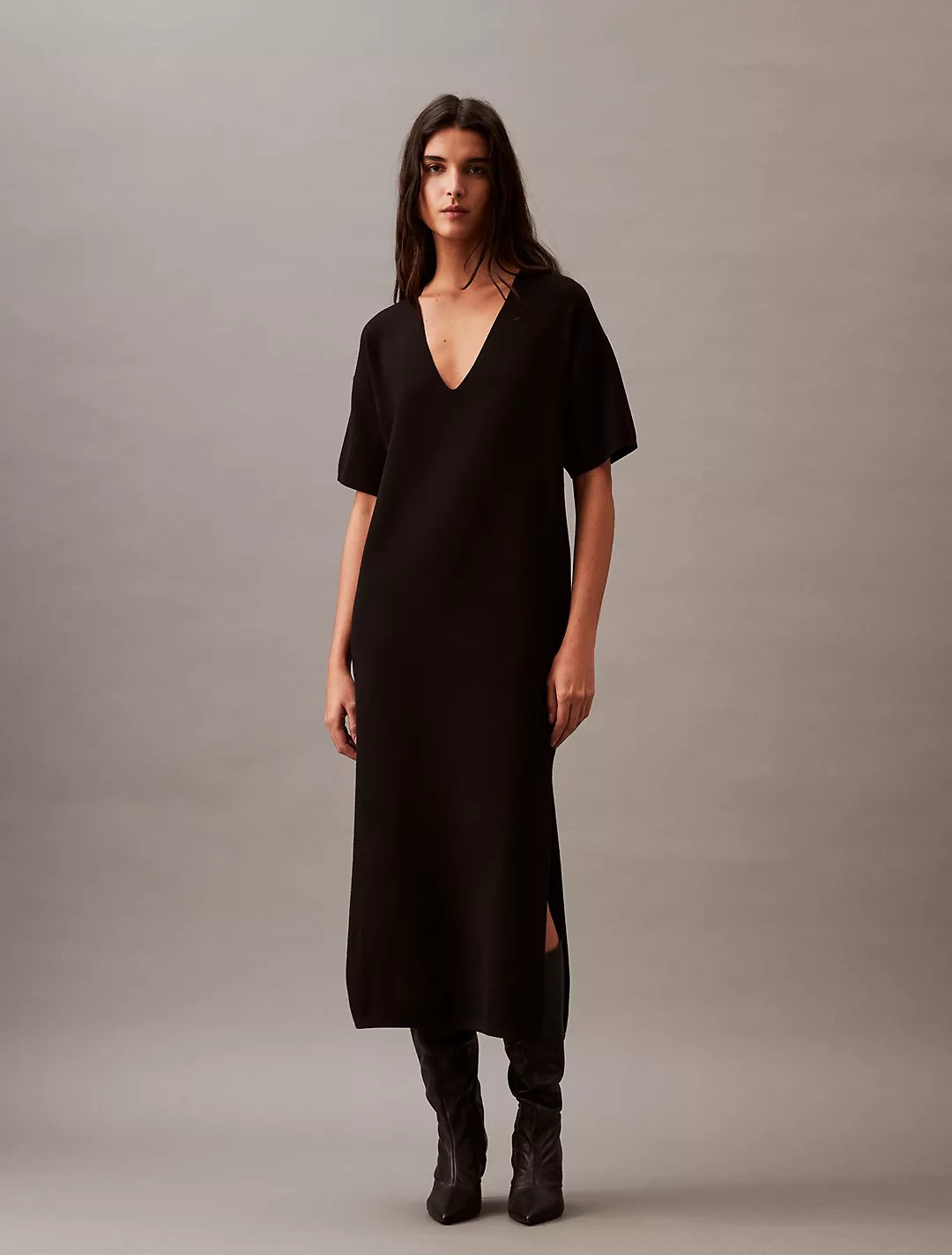 Tech Knit V-Neck Midi Dress