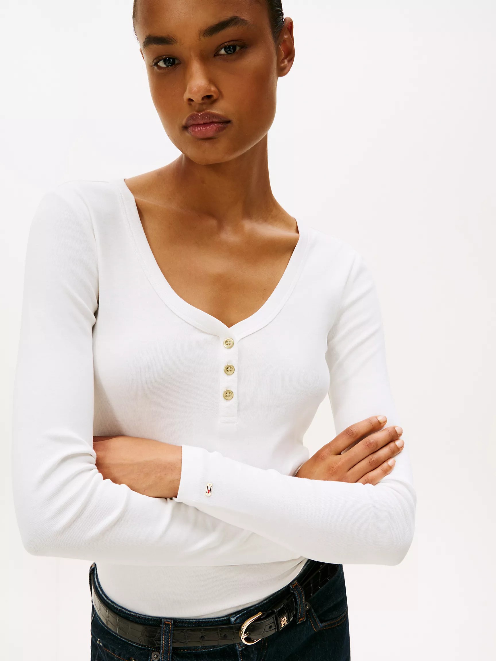 Gold-Button Scoop Neck Henley