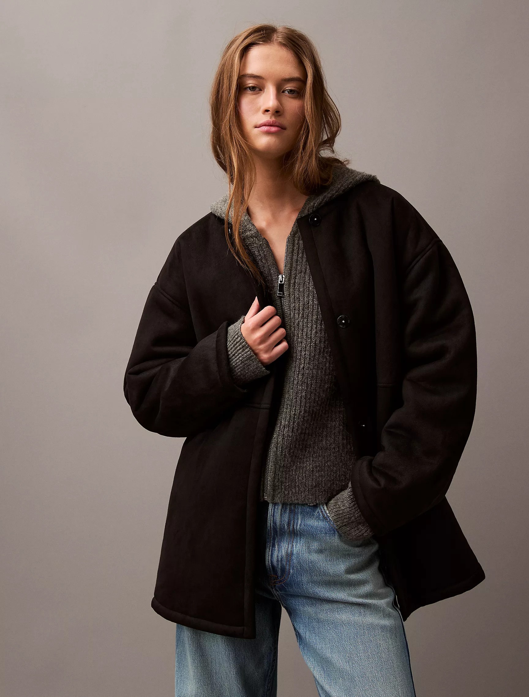 Faux Shearling Relaxed Collarless Coat